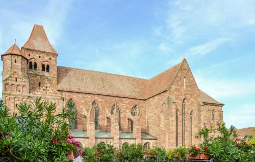 a large brick church with a steeple on top of it at Cottage champêtre in Marmoutier