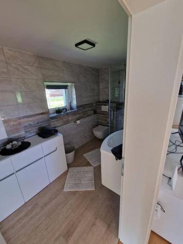 a large bathroom with two toilets and a sink at Počitniška hiša Maja v naravi in Planina pri Sevnici