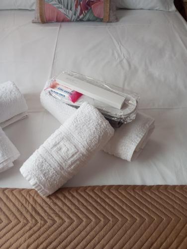 ein Bett mit zwei Handtüchern und einer Schachtel Zahnpasta in der Unterkunft Angelos Apartment in Vathy