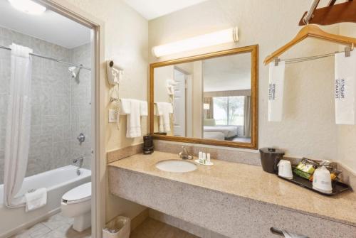 a bathroom with a sink and a toilet and a mirror at Ramada by Wyndham Houma in Houma