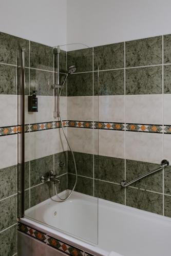 a shower with a glass door in a bathroom at Penzion Pod Kašnou in Frýdek-Místek