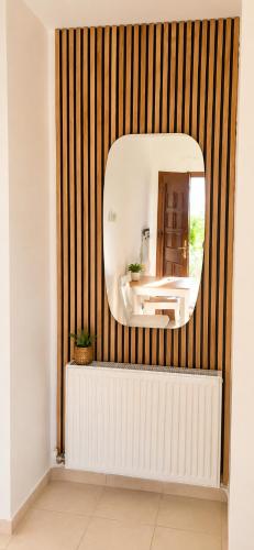 a mirror on a stripped wall in a bathroom at Villa Kallimanis in Platanidia