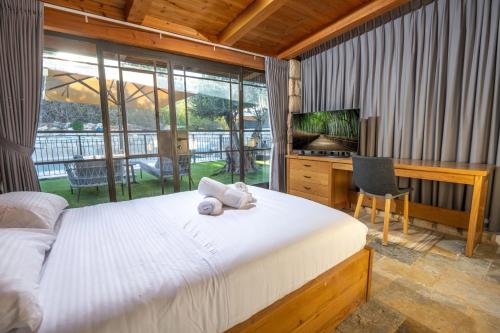 a bedroom with a bed and a desk and a television at וילה ואמוס - Villa vamos - וילה מדהימה עם בריכה פרטית וג'קוזי in Rosh Pinna