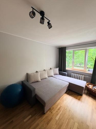 a bedroom with a bed and a large window at Pine Apartment, Riga in Riga