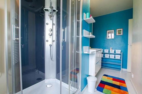 a bathroom with a shower and aicolored rug at Vue sur lac in Dienville