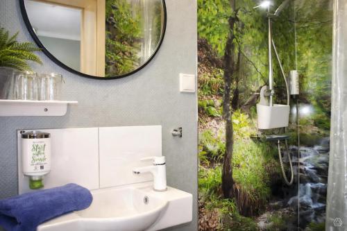 a bathroom with a sink and a mirror at Hotel am Kurpark in Bad Lauterberg