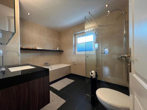 a bathroom with a shower and a sink and a toilet at chapter-one in Innsbruck