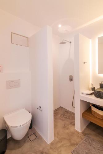 a white bathroom with a toilet and a sink at Tinos Prinos 3 in Agios Fokas
