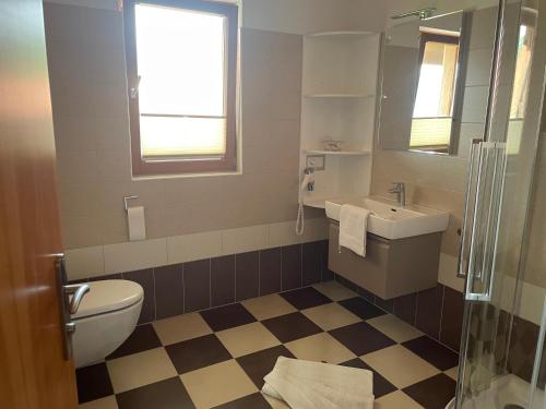 a bathroom with a toilet and a sink at Landhaus Löscher in Seeboden