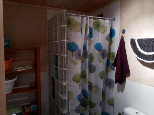 a shower curtain with blue and green decorations on it at Casa Rural La Tormenta in Albendiego