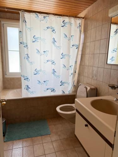 a bathroom with a shower curtain with a toilet and a sink at Helle Wohnung nahe Bern in Worb