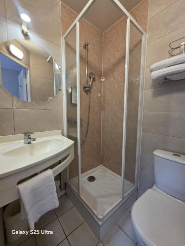 a bathroom with a shower and a toilet and a sink at Kyriad Chantilly in Chantilly