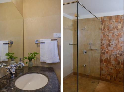 two pictures of a bathroom with a sink and a shower at Summer Vines - Nashik in Pandhurli