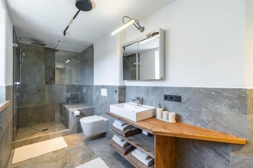a bathroom with a sink and a toilet and a shower at Appartementhaus Moritz in Reith bei Seefeld