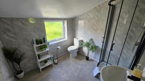 a bathroom with a toilet and a sink and a window at Entire 3 bed house in Gloucester in Gloucester