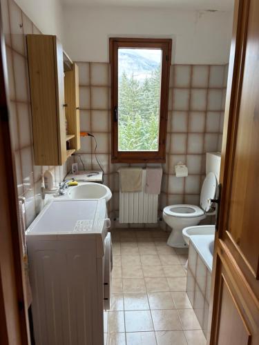 a bathroom with a sink and a toilet and a window at Claudia F in Pievepelago