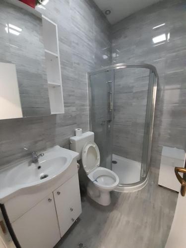 a bathroom with a shower and a toilet and a sink at FG Apartment in Sarajevo