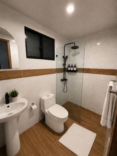 a bathroom with a toilet and a sink and a shower at Modern Cozy apartment in Boca Chica