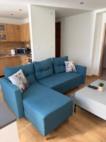 a blue couch and a table in a living room at Farmársky apartmán Agrofarma Dianiška in Tisovec
