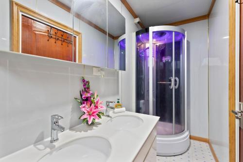 a bathroom with a sink and a shower at The Murray River Weekender in Ulupna West