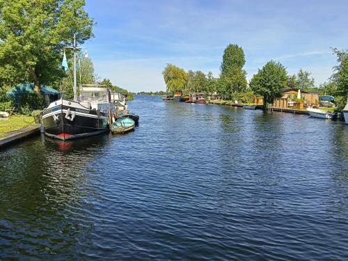 two boats are docked on a river with houses at Houseboat Enjoy with 200m Private Garden on the Lake in Vinkeveen