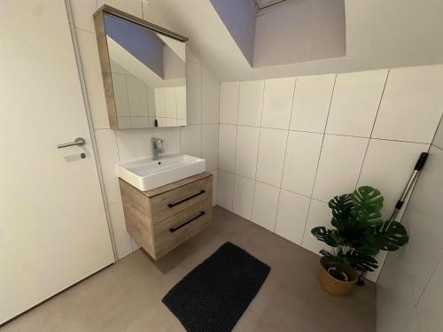 a bathroom with a sink and a mirror and a plant at Honor-Penthouse in Linz