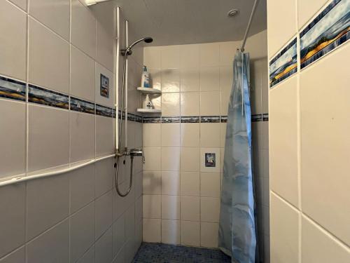 a bathroom with a shower and a shower curtain at Vekšin Old Town & Promenade Apartment, Haapsalu in Haapsalu