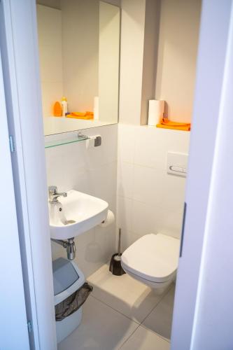 a small bathroom with a toilet and a sink at Helena in Karwia