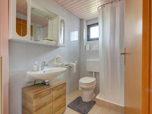 a white bathroom with a sink and a toilet at Apartments Dolžan in Bled