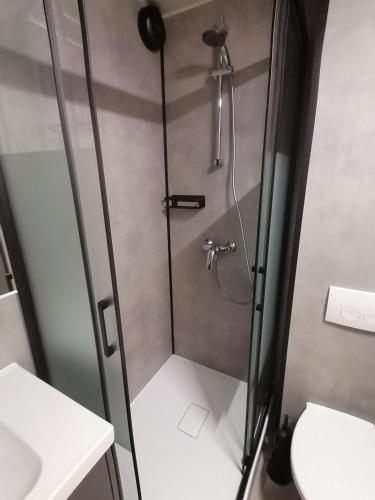 a shower with a glass door in a bathroom at Marisol in Bredene