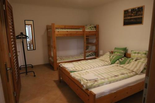 a bedroom with two bunk beds and a mirror at Panoráma Szálláshely in Csongrád