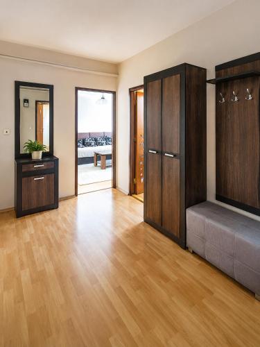 a living room with wooden floors and wooden cabinets at Apartman Anna in Závada