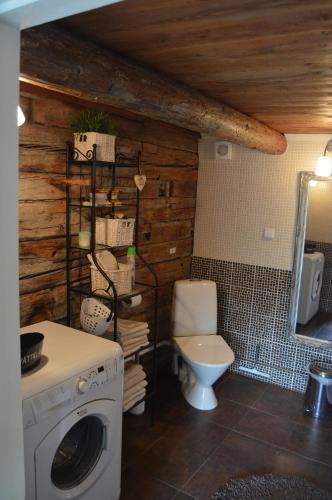 a bathroom with a washing machine and a toilet at Ekengård in Köping
