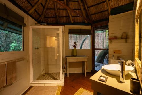 a bathroom with a shower and a sink at Kosi Forest Lodge in Manguzi