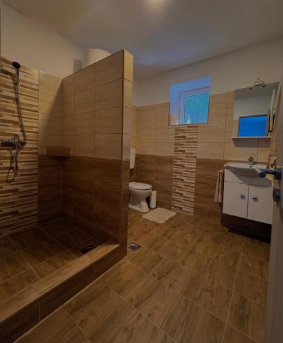 a bathroom with a shower and a toilet and a sink at Gém Home Vendégház in Bodony