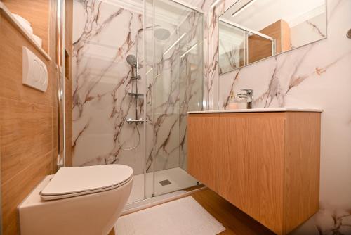 a bathroom with a shower and a toilet and a sink at LUXURY VILLA CIOVO Sleeps 17, Infinity Pool, Seafront in Trogir