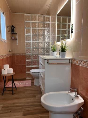 a bathroom with a toilet and a sink and a tub at Casa Aljubet in Onil