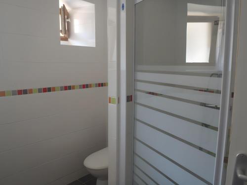 a bathroom with a toilet and a glass shower door at Gite Chez Santou in Rocamadour