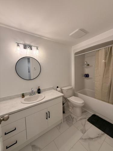 a bathroom with a sink and a toilet and a mirror at Modern 2BR Suite, Wifi, Workstation and Comfy Beds in St. John's