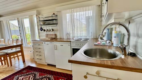 a kitchen with a sink and a counter top at Atlantic Shoreline Cabin in Vestvågøya