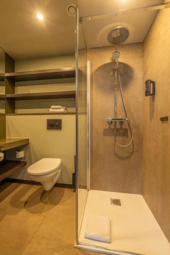 a bathroom with a shower and a toilet at Green Hotel in Genk