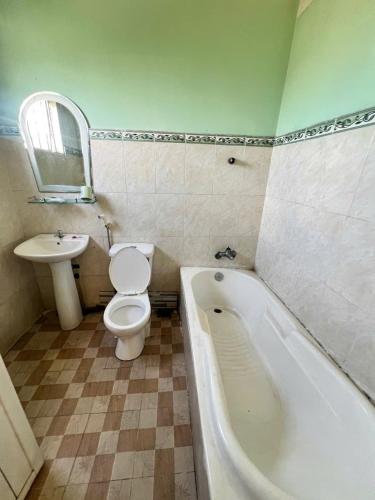 a bathroom with a tub and a toilet and a sink at Khách Sạn Vũ Nam Hưng in Ấp Hưng Lộc