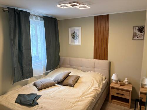 a bed with two pillows on it in a bedroom at Samu Tanya in Gyula