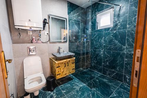 a bathroom with a toilet and a sink and a shower at Late Story in Podgorica