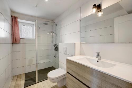a bathroom with a toilet and a sink and a shower at Gite Aber 3km plages in Telgruc-sur-Mer
