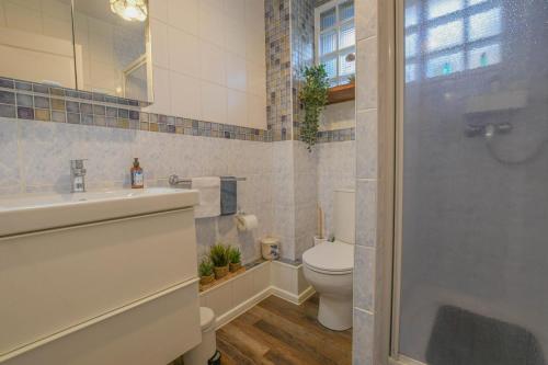 a bathroom with a toilet and a sink and a shower at Le 10 de coeur in Lusigny-sur-Barse