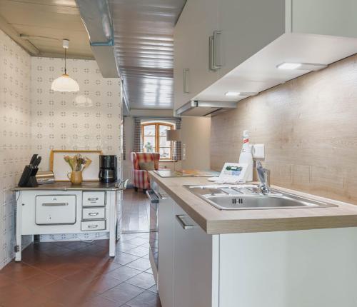 a kitchen with a sink and a counter at Reetdachhaus Silvi in Schwabstedt