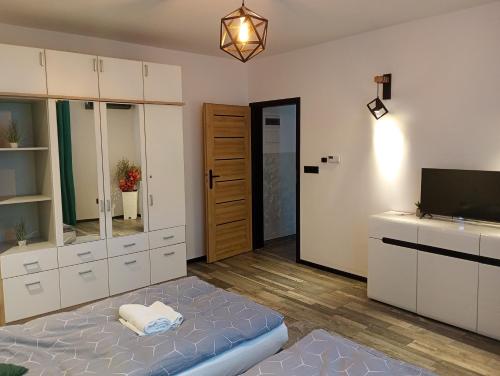 a bedroom with a bed and a flat screen tv at Zacisze 4 in Przemyśl