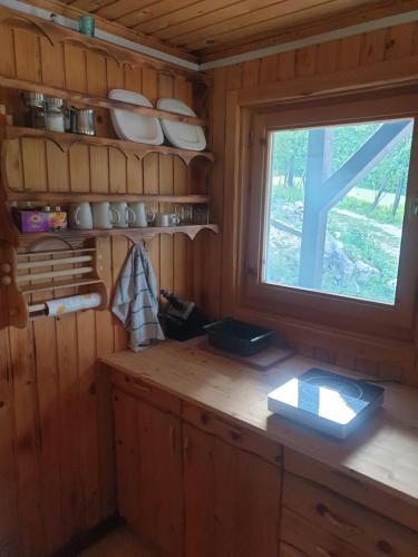 a kitchen with a window and a wooden counter at Apartma Vidmar Otlica in Ajdovščina