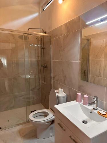 a bathroom with a toilet and a shower and a sink at Lake House Gerês in Admeus